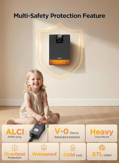 GiveBest Smart Wall Heater, 1500W Fast Heating Electric Space Heater for Indoor Use, 3 Heating Modes, Adjustable Thermostat, 24H Timer, Easy Mounted for Bedroom, Office, Home, Black