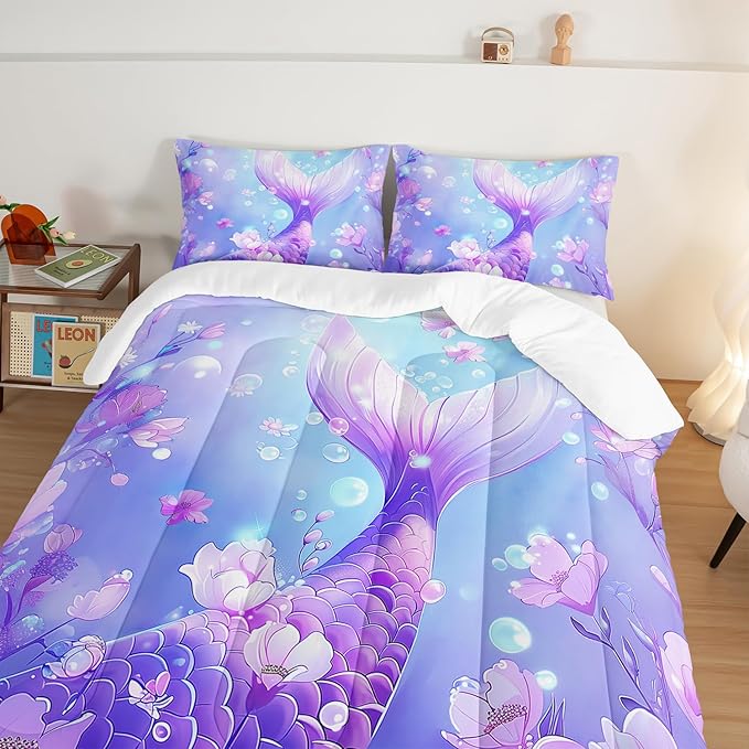 Pretty Mermaid Comforter Full for Girls Kids, Mermaid Fish Scale Floral Pattern Bedding for Girls Bedroom Decor, Ocean Themed Comforter Bedding Set with 2 Pillowcases