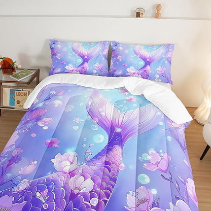 Pretty Mermaid Comforter Full for Girls Kids, Mermaid Fish Scale Floral Pattern Bedding for Girls Bedroom Decor, Ocean Themed Comforter Bedding Set with 2 Pillowcases