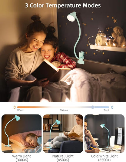Clip on Reading Light for Bed 3 Color Modes, 10 Brightness Dimmable, Flexible Gooseneck Clip on Lamp, Eye Care Clip Light for Bed Headboard Desk Home Dorm Teal