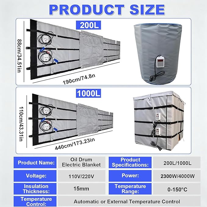 IBC Tote Heater Blanket, IBC Container Heater, IBC Tote Freeze Protection, Smart Temperature Control up to 150°C, IBC Tote Blanket with Thermostat, for Petroleum Grey-55Gallon/200L