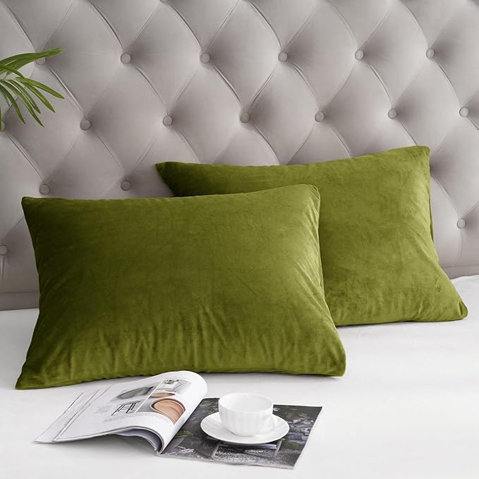 PHF Super Soft Velvet Pillowcases King Size, No Insert, 2 Pack Luxury Cozy Warm Pillow Shams Covers with Envelope Closure, 20" X 36" Cozy Fuzzy Flannel Pillow Case, Olive Green