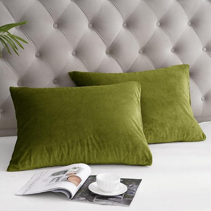 PHF Super Soft Velvet Pillowcases Standard Size, No Insert, 2 Pack Luxury Cozy Warm Pillow Shams Covers with Envelope Closure, 20" X 26" Cozy Fuzzy Flannel Pillow Case, Olive Green