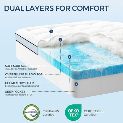 Premium Dual Layer 4 Inch Memory Foam Mattress Topper, 2 Inch Gel Memory Foam and 2 Inch Pillow Top Mattress Pad Cover for Back Pain, Extra Thick Comfort Support（Full 54"x75"）