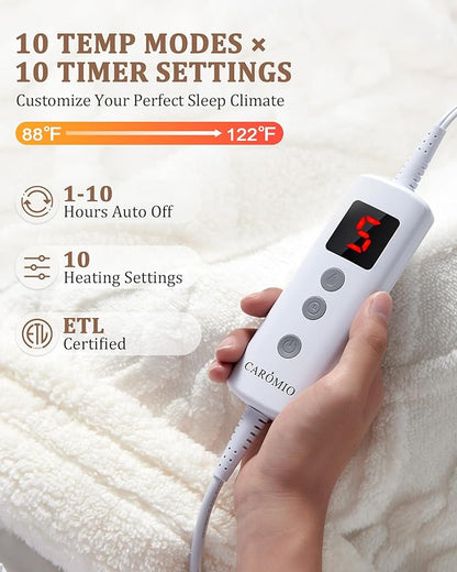 CAROMIO Heated Throw Blanket - Thick Tufted Sherpa Electric Blanket Throw with 10 Heating Levels and 10 Time Settings, ETL Certified Machine Washable Fast Heating Blanket Throw 50"×60", Off White