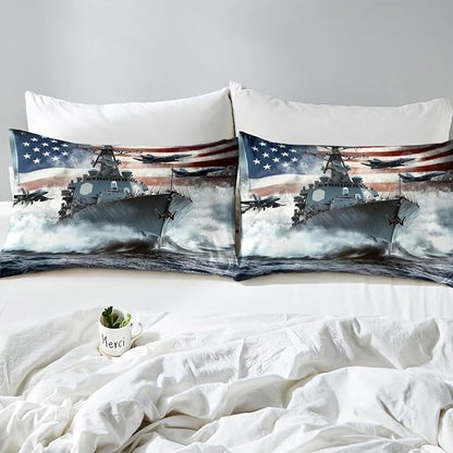 Warship Kids Fitted Sheet Queen Size,Warplane Aviation Aircraft Combat Ship in The Sea Bedding Set,Boys Men Room Decor,Tie-dye Ink American Flag Bed Cover,Grey Bed Sheet,2 Pillowcases(No Top Sheet)