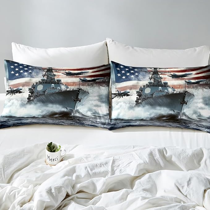 Warship Kids Fitted Sheet Twin Size,Warplane Aviation Aircraft Combat Ship in The Sea Bedding Set,Boys Men Room Decor,Tie-dye Ink American Flag Bed Cover,Grey Bed Sheet,1 Pillowcase(No Top Sheet)