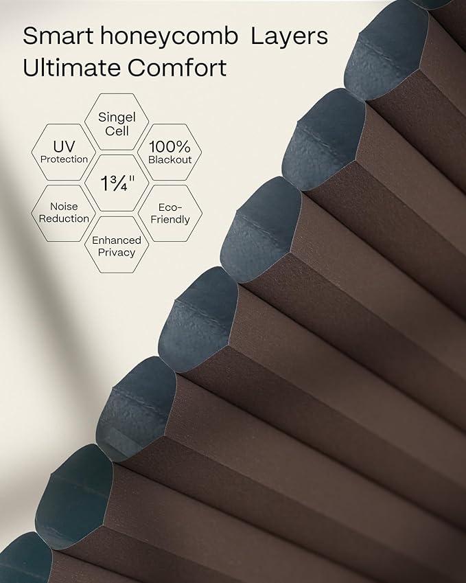 Graywind Motorized Matter Cellular Shades- 100% Blackout 1-3/4"Cell Honeycomb Blinds for Indoor Windows, Compatible with Alexa Google Siri, Custom Size, Coffee
