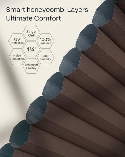 Graywind Motorized Matter Cellular Shades- 100% Blackout 1-3/4"Cell Honeycomb Blinds for Indoor Windows, Compatible with Alexa Google Siri, Custom Size, Coffee