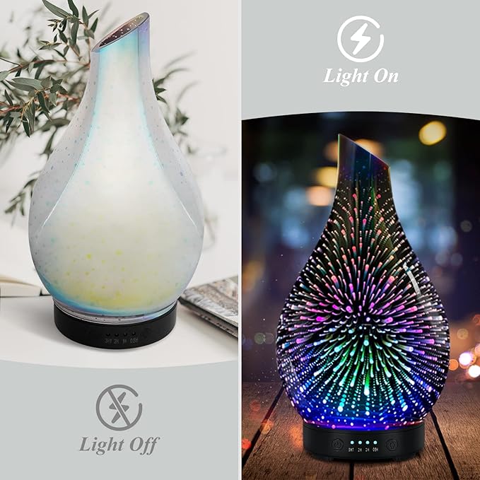 Essential Oil Diffuser 120ml Ultrasonic Aromatherapy Diffuser with Handmade Glass with Auto Shut-Off Protection 4 Timer Setting 7 Colors Changed LED Diffuser for Home Yoga Office Gifts for Women