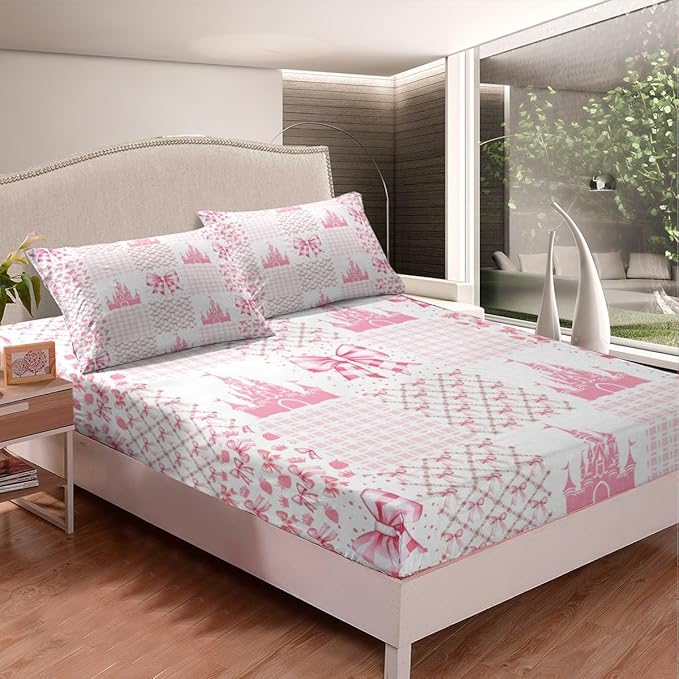 Princess Castle Fitted Sheet,Dreamy Bow-tie Bowknot Fairy Tale Kawaii Sheet Set for Ultra Soft Room Gift,Pink White Geometric Plaids Patchwork Bedding Set with 2 Pillowcases,Queen Size