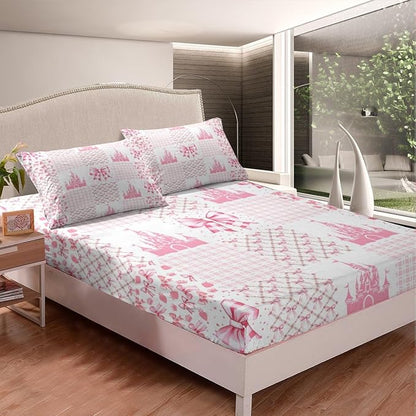 Princess Castle Fitted Sheet,Dreamy Bow-tie Bowknot Fairy Tale Kawaii Sheet Set for Ultra Soft Room Gift,Pink White Geometric Plaids Patchwork Bedding Set with 2 Pillowcases,Queen Size