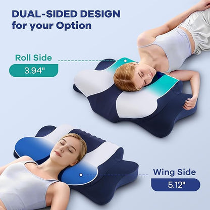 DONAMA Cervical Neck Pillow for Pain Relief, Orthopedic Contour Neck Pillow with Memory Foam Ergonomic Pillows with Dual Heights for Back, Stomach and Side Sleepers (Dark Blue)