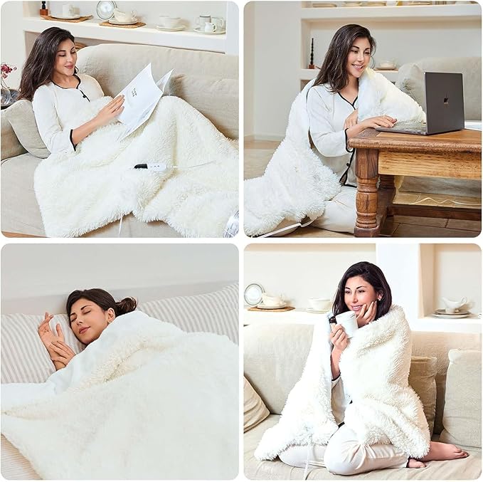 Heated Blanket with 10 Hours Auto-Off 6 Heat Level, Cozy Shaggy Faux Rabbit Fur Electric Blanket with Overheating Protection (White, 90"X100")