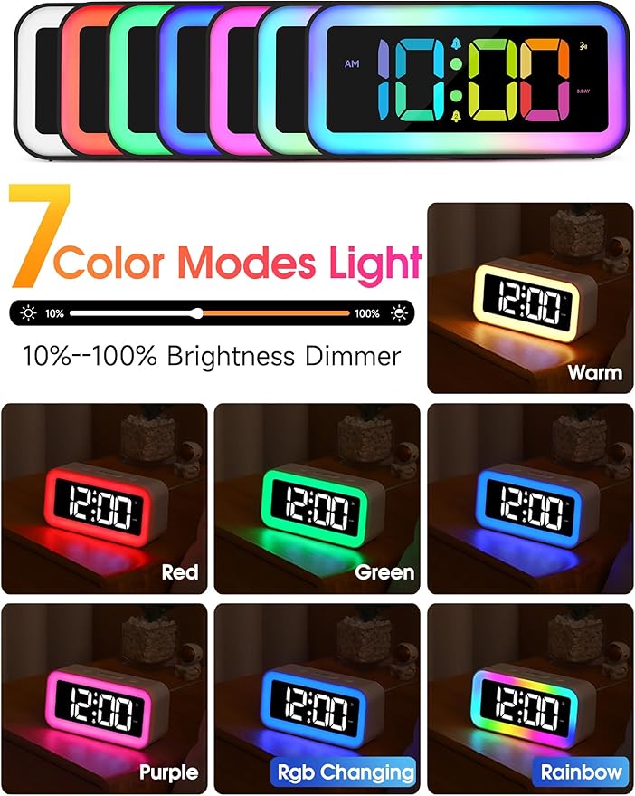 Cadmos Loud Alarm Clock for Bedrooms with Dynamic RGB Night Light,Heavy Sleepers Adults,Dual Alarm,Dimmer,USB Charger,Small Bedside Digital Clock with Led Display for Kids,Teens (Silver Gray)