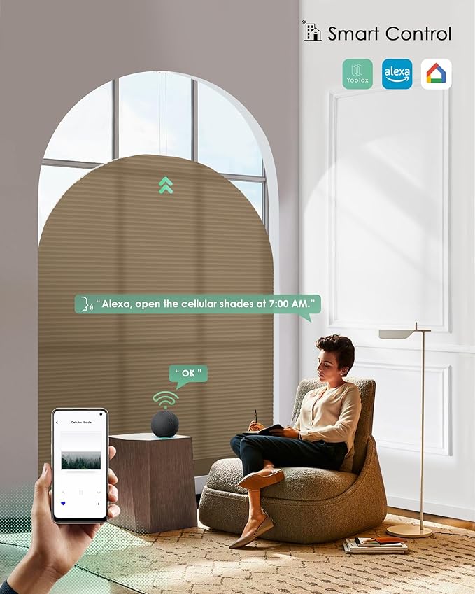 Yoolax Smart Cellular Shades, Motorized Elongated Arch Honeycomb Blind Motorized Blinds with Remote Compatible with Alexa, Customized Elongated Arch Cellular Shades (Half Shading Brown)
