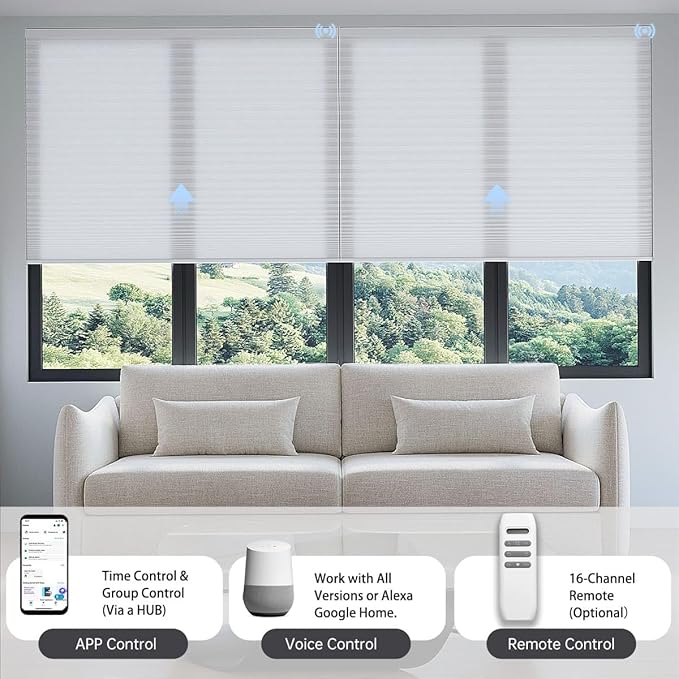 Motorized Cellular Shades with Remote, Light Filtering Smart Cellular Shades Compatible with Alexa, Honeycomb Window Blinds for Bedroom Home Office, Custom Size, Half Shading Crystal White