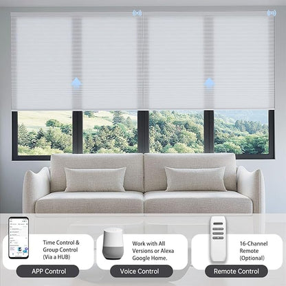 Motorized Cellular Shades with Remote, Light Filtering Smart Cellular Shades Compatible with Alexa, Honeycomb Window Blinds for Bedroom Home Office, Custom Size, Half Shading Crystal White