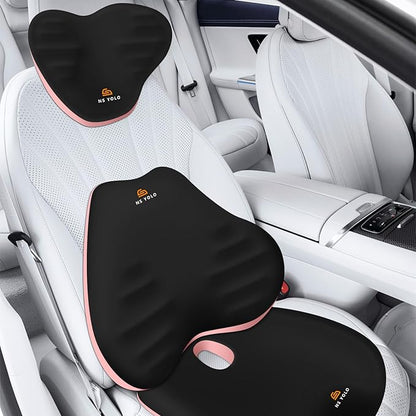 NS YOLO Ergonomic Car Seat Cushion with Comfort Memory Foam Neck Pillow, Car Pillow,Lumbar Support and Big Size Soft Seat Cushion for Driving Seat,Office Chair and Wheel Chair (Black and Pink-3 pcs)