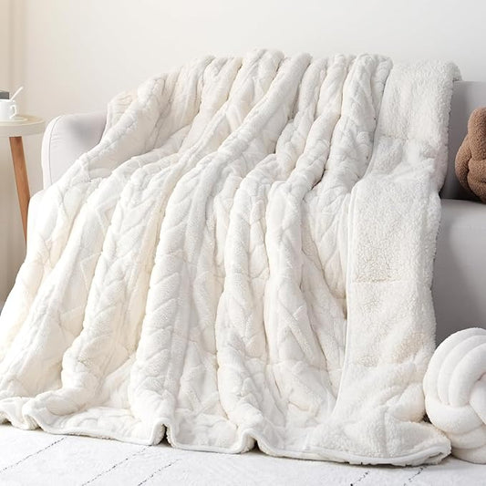 Cottonblue Jacquard Weighted Blanket 15lbs for Queen Ded - Ultra Soft, Cozy Comfort Sherpa Blanket for Relax and Sleep, Heavy Bed Blankets with Cemaric Beads, 60x80 in 17 lbs, Cream White