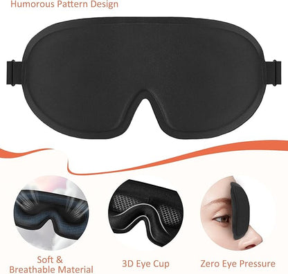 Funny 3D Zero Pressure Sleep Eye Mask for Men Women Side Sleeper, Adjustable Blackout Soft Breathable Eye Masks for Travel Nap Night Sleep, Humorous Gift Stocking Stuffers (Black)