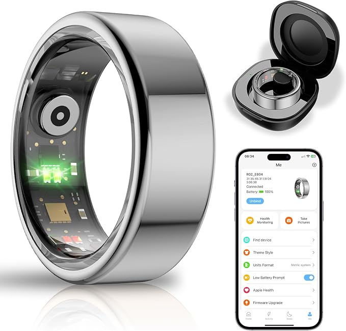 Smart Health Ring for Women Men,Fitness Tracker Smart Ring with Heart Rate,Sleep Monitor,Blood Oxygen,Steps,IP68 Waterproof Up to 5-7 Days Battery Life for iOS Android,No App Fee(Silver,8)
