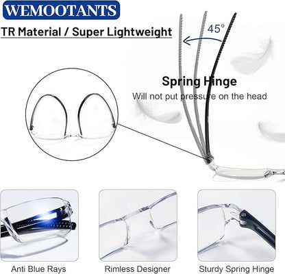 4 Packs Blue Light Blocking Reading Glasses for Men Fashion Rectangle Frameless Readers 3.0 (4 Colors +3.00 Magnification)
