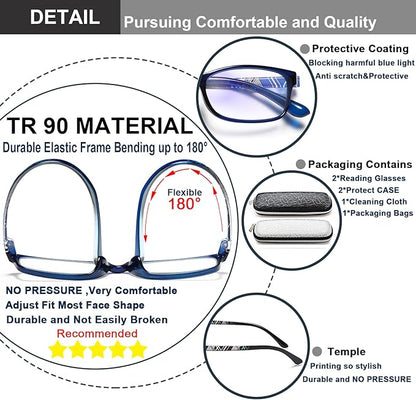 EYEURL 2 Pack Reading Glasses for Men Women - Blue Light Blocking Computer Reader 1.50 Women Lightweight TR90 Flexible Eyeglasses Anti Glare UV Ray Eyestrain