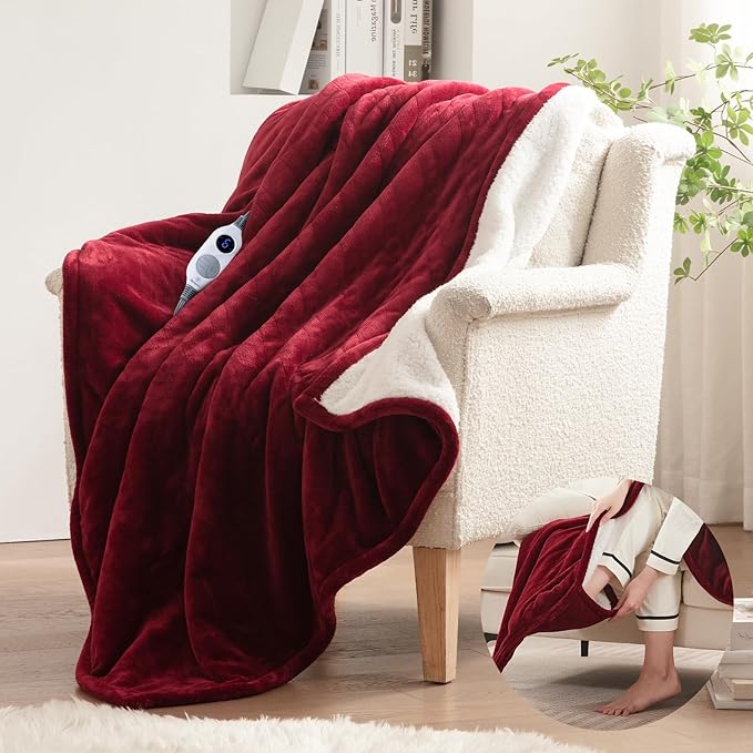 Westinghouse Electric Blanket with Foot Pocket for Adults, Ultra Soft Flannel to Sherpa Heated Throw with 6 Heating Levels & 2-10 Hours Time Settings, Fast Heating & Machine Washable, 50x62, Burgundy