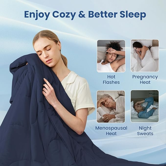 Cozy Bliss x Sorona® Viscose Natural Fiber Cooling Comforter Queen Size, Reversible Silky Smooth Cooling Blanket with Q-Max＞0.45 for Hot Sleepers & Night Sweats, Dark Blue, 90"x90"