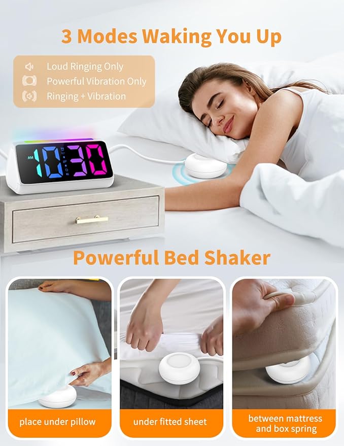 Netzu Alarm Clocks for Bedrooms Heavy Sleepers, Vibrating Alarm Clock with Bed Shaker, Night Light, RGB Display, Dimmer, Snooze for Hearing Impaired People (White)