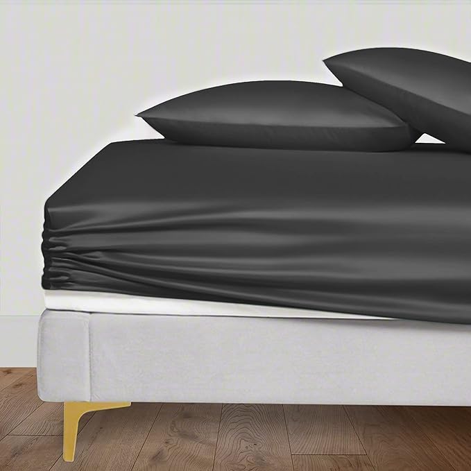 LINENWALAS Fitted Sheet Only Viscose Derived from Bamboo, Bottom Sheet for Queen Size Bed – 16” Deep Pocket, All Around Snug Fit – Cooling, Breathable, Soft, Hypoallergenic (Charcoal Grey, Queen)