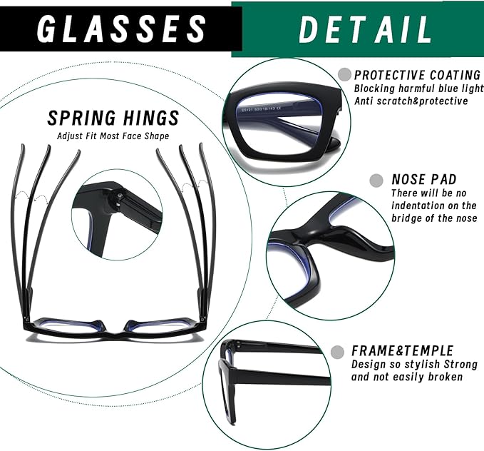 Hubeye Oprah Style Reading Glasses for Women Men Blue Light Blocking Computer Square Readers with Spring Hinge