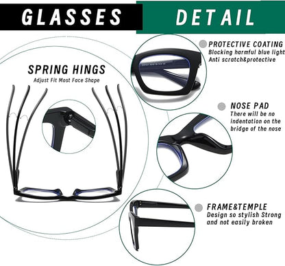 Hubeye Oprah Style Reading Glasses for Women Men Blue Light Blocking Computer Square Readers with Spring Hinge