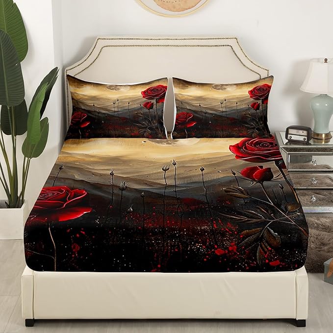 Red Roses Bed Sheet Set Twin Size,Romantic Blooming Flowers Vintage Brown Black Sheet Set,Rustic Nature Mount Moon Sky Glitter Bedding Set with 1 Flat & 1 Fitted Sheet with 1 Pillow