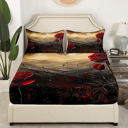 Red Roses Bed Sheet King Set,Romantic Blooming Flowers Vintage Brown Black Sheet Sets Room Decoration,Rustic Nature Mount Moon Sky Glitter Bedding Set with Flat,Fitted Sheet,2 Pillow Cases