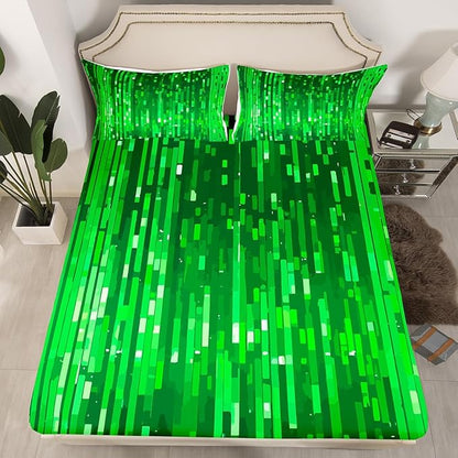 Pixel Foil Boys Girls Bed Sheets,Geometric Plaid Gamepad Room Decor,Pixelated Check Patchwork Kids Twin Size Fitted Sheet,Green Bedding Set,1 Pillowcase(No Flat)