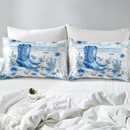 Cowboy Boots Bedding Set Twin Size Western Tribal Blue Flowers Bed Set for Teens Kids Sheet Seaside Beach Shell Conch Watercolor Tie Dye Paint Bed Cover(1 Fitted Sheet+1 Pillow Case)