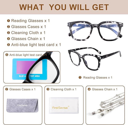 Reading Glasses for Men Women Blue Light Blocking with Spring Hinge, Blocking Readers Anti UV Ray Filter Eyeglasses, Square Computer Reader Glasses, Black and White Tortoiseshell, +1.0