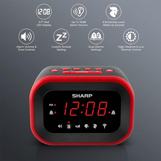 Sharp Big Bang Super Loud Alarm Clock for Heavy Sleepers, 115dB Extreme Wake-Up Alarm, Dual Alarms, 6 Wake Sounds, Large Red LED Display, Dimmer Control & Battery Backup, Bedroom Clock