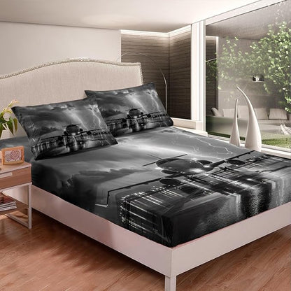 Airplane Bed Sheet Set 2 Pillowcases,3D Print Lightning Sky Print Gray Sheets Set,Aviation Plane Aircraft Modern Sheet Sets with Deep Pocket,Top Flat Sheet,King Size