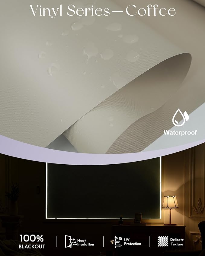 Graywind Motorized Roller Shade 100% Blackout Compatible with Alexa Google Waterproof Vinyl Fabric Remote Control Hardwired Window Shades Window Blinds, Customized Size (Coffee)