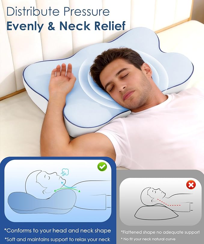 Cervical Pillow for Neck and Shoulder, Ergonomic Side Sleeper Pillow for Pain Relief, Cooling Memory Foam Pillows for Sleeping, Contour Pillow Orthopedic Bed Pillow for Back Stomach Sleepers (Blue)