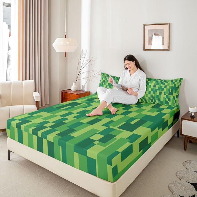 Pixel Grid Kids Full Size Fitted Sheet,Video Games Plaid Lattice Boys Girls Bed Sheets,Geometric Check Abstract Room Decor,Green Bedding Set,2 Pillowcases(No Flat)