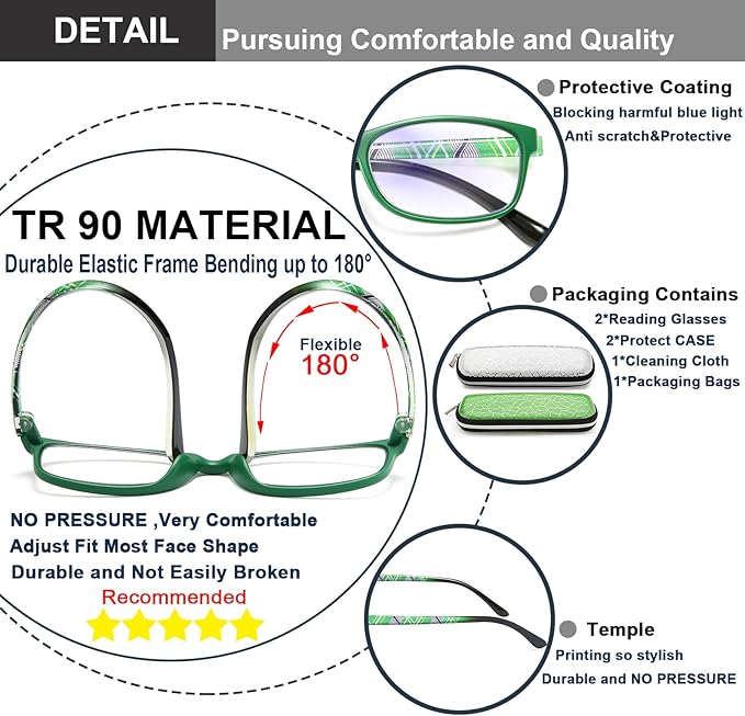 EYEURL Reading Glasses For Men Women - Blue Light Blocking Glasses Reduce Eyestrain - 2 Pack TR90 Frame Lightweight +1.0