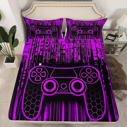 Geometric Gamepad Kids Sheet King Size,Modern Neon Lights Honeycomb Hexagon Bedding Set,Boys Girls Room Decor,Videogames Gaming Controller Purple Bed Sheet Set 4pcs(Fitted + Flat + 2 Pillowcases)