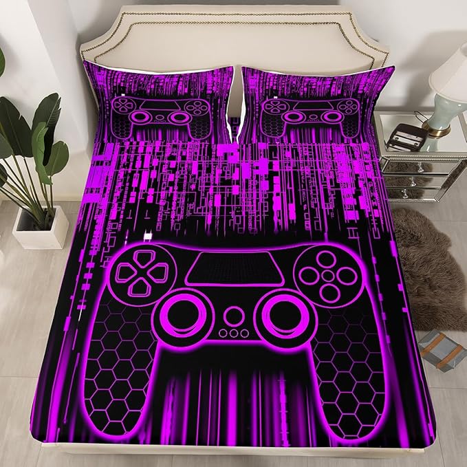 Geometric Gamepad Kids Sheet Full Size,Modern Neon Lights Honeycomb Hexagon Bedding Set,Boys Girls Room Decor,Videogames Gaming Controller Purple Bed Sheet Set 4pcs(Fitted + Flat + 2 Pillowcases)