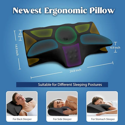 Cervical Pillow for Neck Pain Relief, Cooling Contour Memory Foam Pillows Support Odorless Ergonomic Neck Pillow Adjustable Orthopedic Bed Pillow for Side Back Stomach Sleeper with Pillowcase,Black