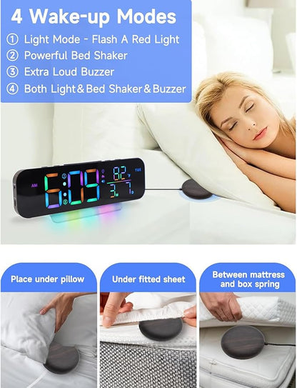 Extra Loud Vibrating Alarm Clock,Large LED Digital Display,Dual Alarms,Multiple RGB Colors,Dimmable Volume Adjustable,for Deep Sleepers and Hearing Impaired Deaf Seniors (Wood Grain)
