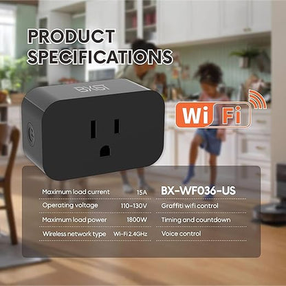 BXST WiFi Smart Plug 15A 1800W, Smart Outlet with Timer & Countdown, Voice Control with Alexa & Google Home, 2.4GHz WiFi Socket for Home Appliances, No Hub Required, CE FCC Listed, Black, 2 Pack
